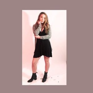 Grey Cardigan Hoodie & Black Babydoll Wrap Dress
